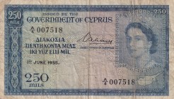 Cyprus, 250 Mils, 1955, VF(-), p33a
Queen Elizabeth II. Potrait
Estimate: USD 150-300
