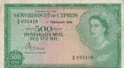 Cyprus, 500 Mils, 1956, VF, p34a
Queen Elizabeth II. Potrait
Estimate: USD 350-700