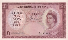 Cyprus, 1 Pound, 1956, XF, p35a
Queen Elizabeth II. Potrait
Estimate: USD 350-700