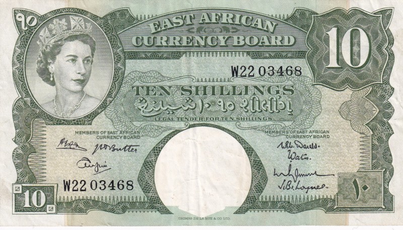 East Africa, 10 Shillings, 1962, XF(-), p42c
Queen Elizabeth II portrait, Polym...