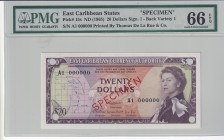 East Caribbean States, 20 Dollars, 1965, UNC, p15s, SPECIMEN
PMG 66 EPQ, Queen Elizabeth II. Potrait
Estimate: USD 250-500