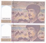 France, 20 Francs, 1997, UNC, p151i, (Total 2 consecutive banknotes)
No Pinhole
Estimate: USD 40-80