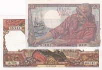 France, 20-100 Francs, XF(-), (Total 2 banknotes)
20 Francs, 1949, p100c; 100 Francs, 1973, p149d There are needleholes, slight spots and tears
Esti...