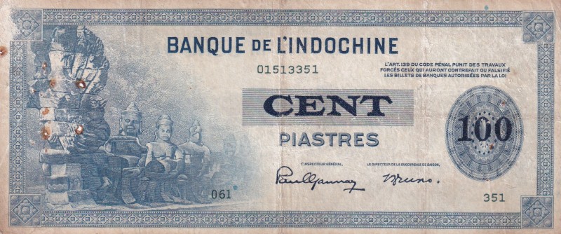 French Indo-China, 100 Piastres, 1945, FINE, p78a
There are spots, pinholes and...