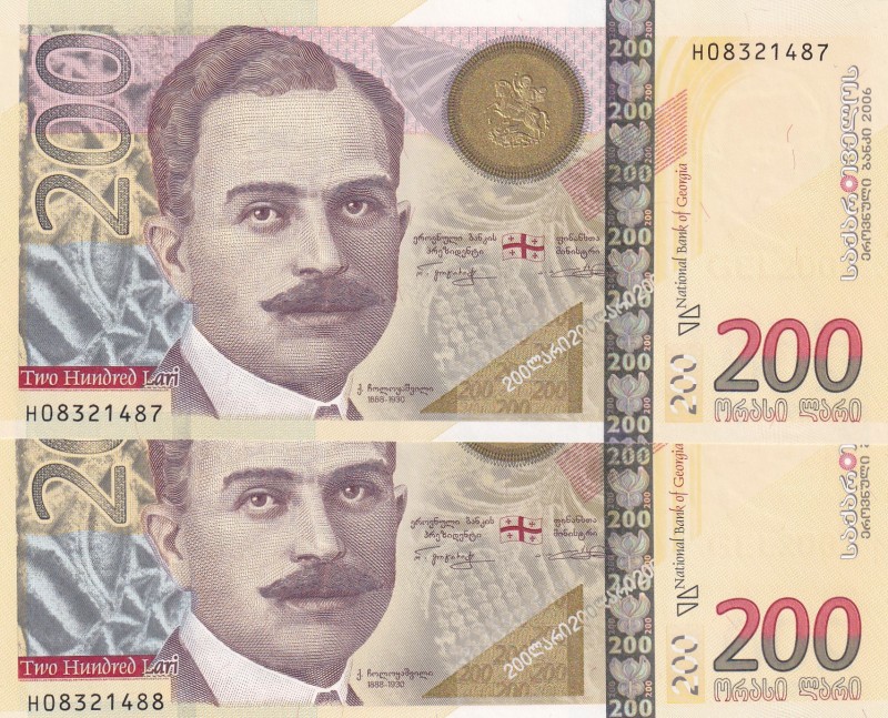 Georgia, 200 Lari, 2006, UNC, p75, (Total 2 consecutive banknotes)
Estimate: US...