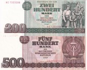 Germany - Democratic Republic, 200-500 Deutsche Mark, 1985, UNC, (Total 2 banknotes)
200 Mark, UNC, p32, 500 Mark, XF(+), p33
Estimate: USD 25-50