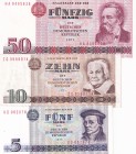 Germany - Democratic Republic, 5-10-50 Mark, 1971/1975, p27; p28; p30, (Total 3 banknotes)
5 Mark, UNC; 10 Mark, XF; 50 Mark, UNC(-)
Estimate: USD 1...