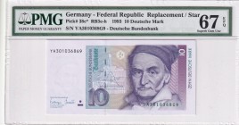 Germany - Federal Republic, 10 Deutsche Mark, 1993, UNC, p38c, REPLACEMENT
PMG 67 EPQ, High condition
Estimate: USD 75-150