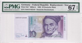 Germany - Federal Republic, 10 Deutsche Mark, 1993, UNC, p38c, REPLACEMENT
PMG 67 EPQ, High condition
Estimate: USD 75-150