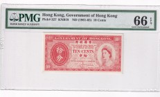 Hong Kong, 10 Cents, 1961/1965, UNC, p327
PMG 66 EPQ, Queen Elizabeth II. Potrait
Estimate: USD 25-50