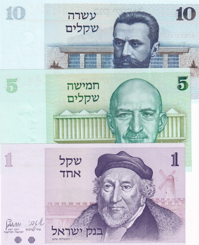 Israel, 1-5-10 Sheqalim, 1978, UNC, p43; p44; p45, (Total 3 banknotes)
Estimate...