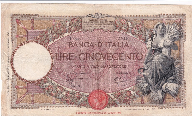 Italy, 500 Lire, 1935, FINE, p51c
There are stains and tears.
Estimate: USD 75...