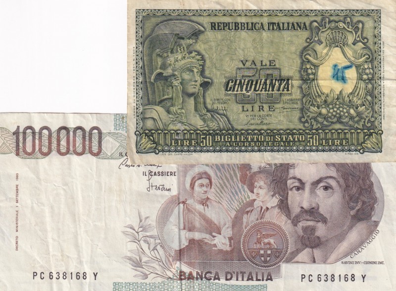 Italy, 50-100.000 Lire, (Total 2 banknotes)
50 Lire, 1951, VF, p91, Has a ballp...