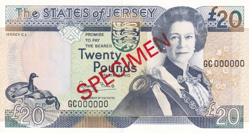 Jersey, 20 Pounds, 1993, UNC, p23s, SPECIMEN
Queen Elizabeth II. Potrait
Estim...