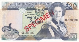 Jersey, 20 Pounds, 1993, UNC, p23s, SPECIMEN
Queen Elizabeth II. Potrait
Estimate: USD 50-100