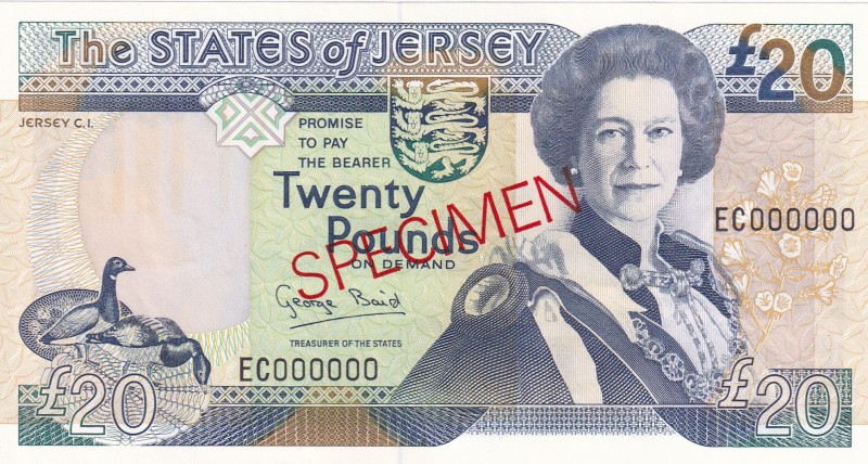 Jersey, 20 Pounds, 1993, UNC, p23s, SPECIMEN
Queen Elizabeth II. Potrait
Estim...