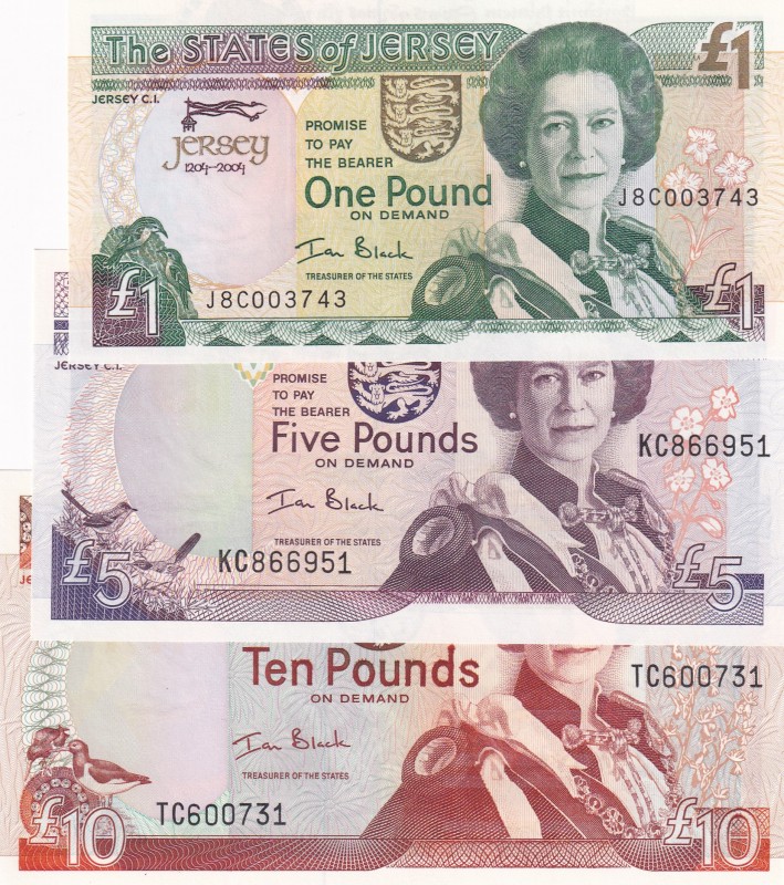 Jersey, 1-5-10 Pounds, 2000, UNC, p26; p27; p28, (Total 3 banknotes)
Queen Eliz...