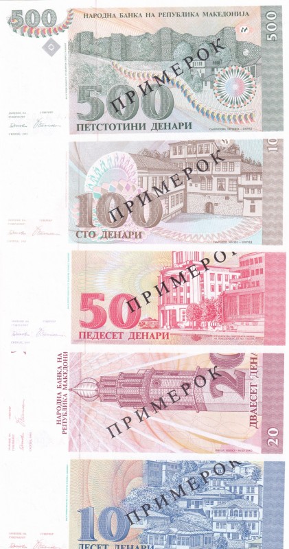 Macedonia, 10-20-50-100-500 Denari, 1993, UNC, p9; p10; p11; p12; p13, SPECIMEN ...