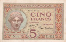 Madagascar, 5 Francs, 1937, AUNC, p35
Slightly stained, has a pinhole and has a small tear in the right curb
Estimate: USD 20-40