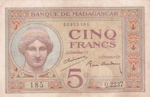Madagascar, 5 Francs, 1937, AUNC, p35
There is a tear and pinhole in the middle lower and upper left corner
Estimate: USD 20-40