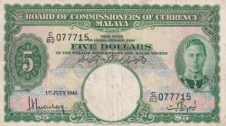 Malaya, 5 Dollars, 1945, VF, p212
King George VI Portrait
Estimate: USD 300-600