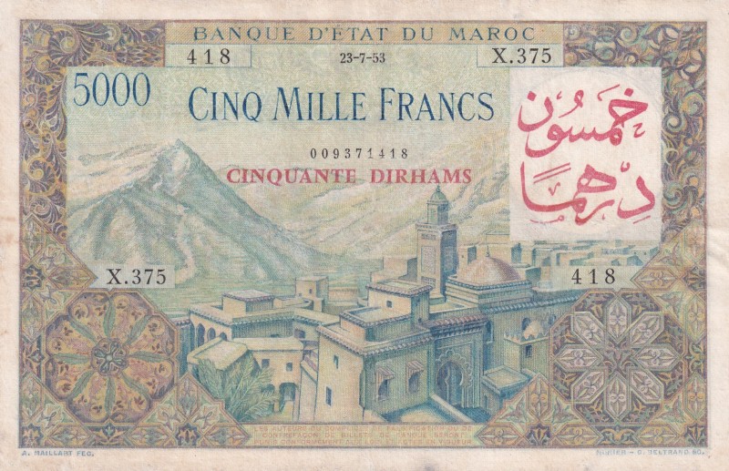 Morocco, 50 Dirhams on 5000 Francs, 1953, XF, p51
Stained
Estimate: USD 250-50...