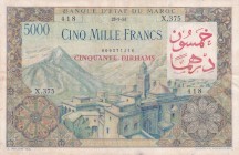 Morocco, 50 Dirhams on 5000 Francs, 1953, XF, p51
Stained
Estimate: USD 250-500