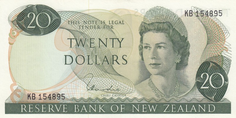 New Zealand, 20 Dollars, 1977/1981, XF, p167d
Queen Elizabeth II. Potrait
Esti...