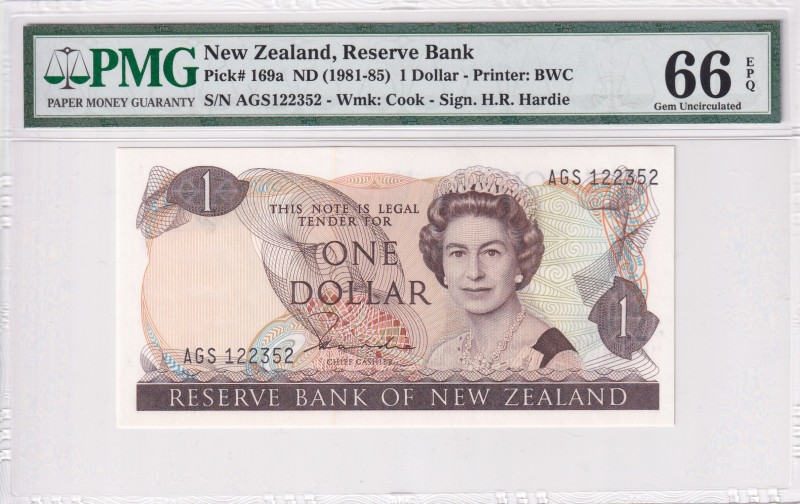 New Zealand, 1 Dollar, 1981/1985, UNC, p169a
PMG 66 EPQ, Queen Elizabeth II. Po...