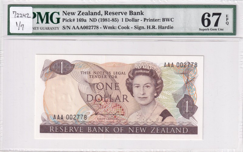 New Zealand, 1 Dollar, 1981/1985, UNC, p169a
PMG 67 EPQ, High condition
Estima...