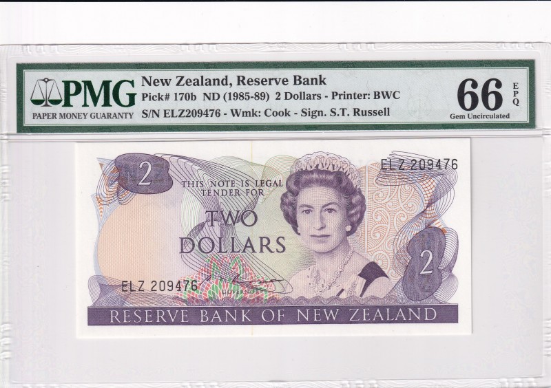 New Zealand, 2 Dollars, 1985/1989, UNC, p170b
PMG 66 EPQ, Queen Elizabeth II. P...