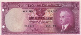 Turkey, 1 Lira, 1942, UNC(-), p135, 2.Emission
Drilled with a punch, There is a slight correction.
Estimate: USD 200-400