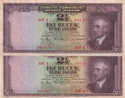 Turkey, 2 1/2 Lira, 1947, UNC, p140, 3. Emission, (Total 2 consecutive banknotes)
Low Serial Number
Estimate: USD 3.000-6.000