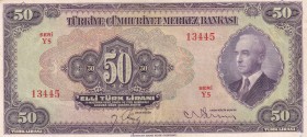 Turkey, 50 Lira, 1942, XF, p142, 3.Emission
Natural
Estimate: USD 400-800