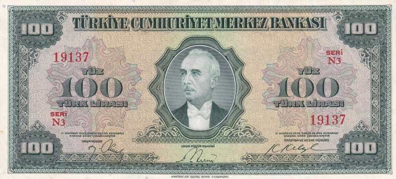 Turkey, 100 Lira, 1947, UNC, p149, 4.Emission
Rare
Estimate: USD 25.000-50.000