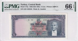 Turkey, 5 Lira, 1961, UNC, p173a, 5.Emission
PMG 66 EPQ
Estimate: USD 750-1500