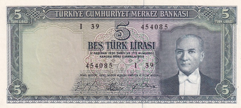 Turkey, 5 Lira, 1965, UNC, p174a, 5.Emission
There is a sticky mark on the back...