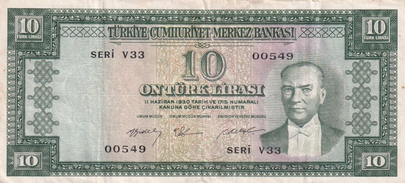 Turkey, 10 Lira, 1958, VF(+), p158, 5.Emission
Low Serial Number
Estimate: USD...