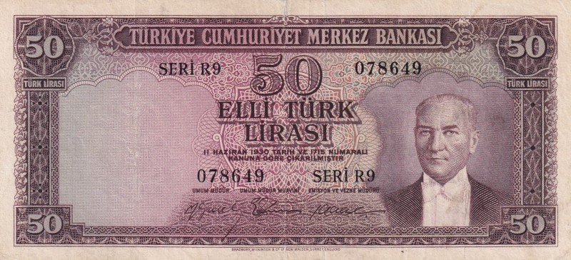 Turkey, 50 Lira, 1956, FINE(+), p164, 5.Emission
There is a 5 mm tear in the up...