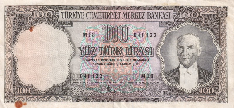 Turkey, 100 Lira, 1958, VF(+), p169, 5.Emission
There are rust stains
Estimate...