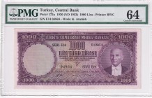 Turkey, 1.000 Lira, 1953, UNC, p172, 5.Emission
PMG 64
Estimate: USD 2.500-5.000
