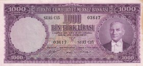 Turkey, 1.000 Lira, 1953, AUNC(-), p172, 5.Emission
There is an oil stain on the right border. Natural.
Estimate: USD 750-1500