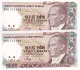Turkey, 5.000 Lira, 1990, UNC, p198, (Total 2 consecutive banknotes)
7.Emission
Estimate: USD 20-40