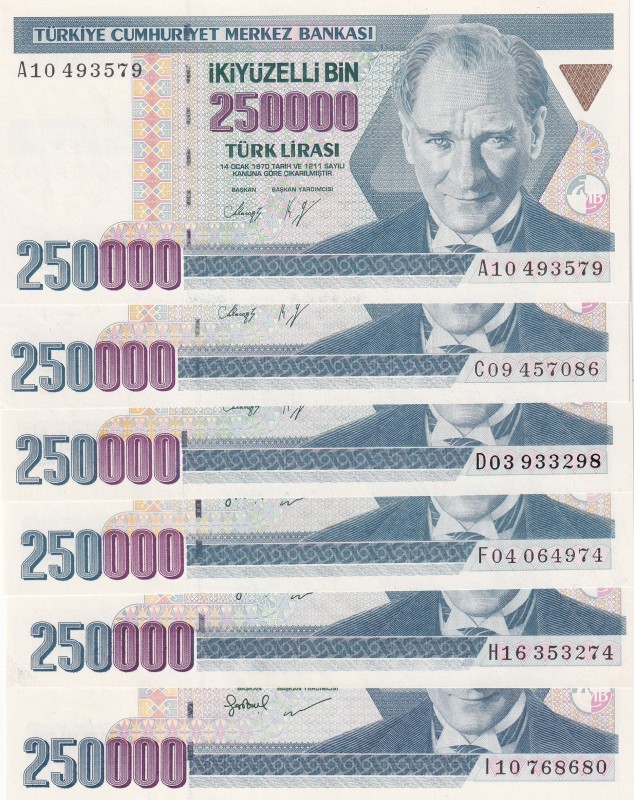 Turkey, 250.000 Lira, 1992/1998, UNC, p207, p211, (Total 6 consecutive banknotes...