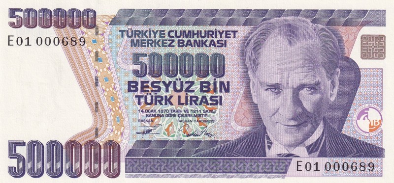 Turkey, 500.000 Lira, 1994, UNC, p208c, 7.Emission
Low Serial Number
Estimate:...