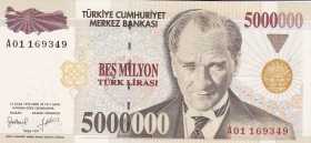 Turkey, 5.000.000 Lira, 1997, UNC, p210a, 7.Emission
"A01" prefix
Estimate: USD 25-50