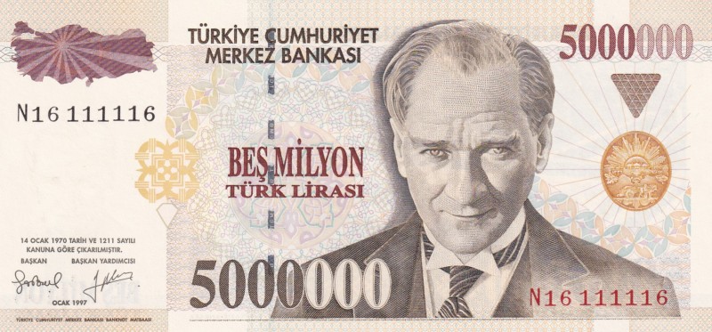 Turkey, 5.000.000 Lira, 1997, UNC, p210b, 7.Emission
Nice serial number
Estima...