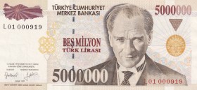 Turkey, 5.000.000 Lira, 1997, UNC, p210b, 7.Emission
Low Serial Number
Estimate: USD 50-100