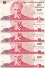 Turkey, 10 New Lira, 2005, UNC, p218, 8.Emission
(Total 5 consecutive banknotes)
Estimate: USD 25-50