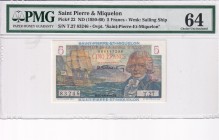 Saint Pierre & Miquelon, 5 Francs, 1950/1960, UNC, p22
PMG 64
Estimate: USD 100-200